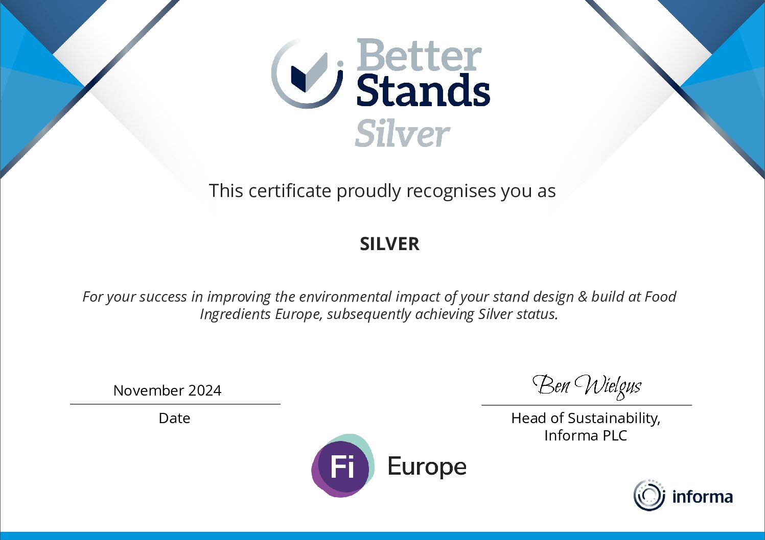 Awarded ‘Silver’ by the better stands programme at Fi Europe 2024